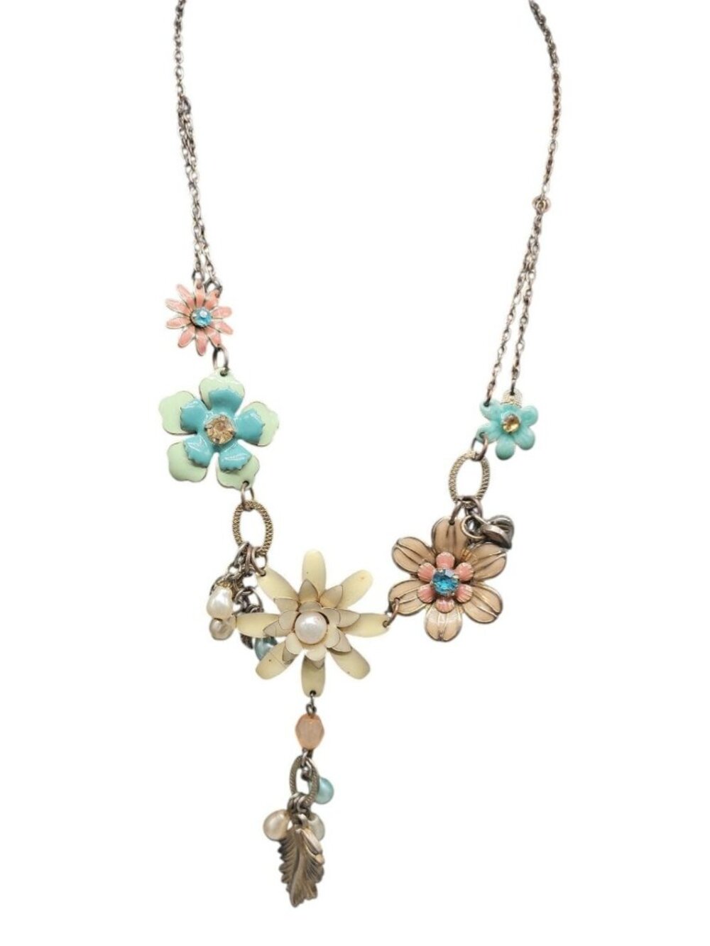 Vintage Plunder Dangling Flower Necklace Multicolor Rhinestones Silver Tone 20" - Picture 2 of 16